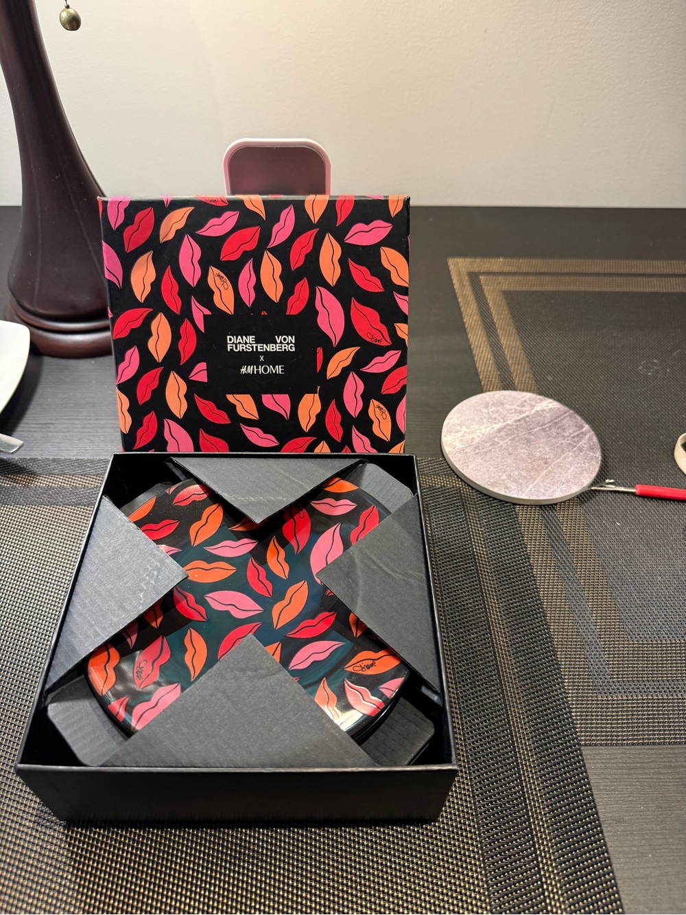 Diane Von Furstenberg Lip Print Coaster Set - Black with Red, Pink & Orange Lips